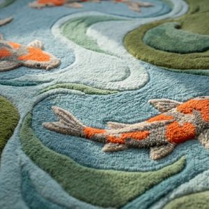Moss Blue <b>Fish</b> <b>Pond</b> Area Carpet Crafted from Wool with Orange Koi and Textured Hand Tufting for Living Room Bedroom Nursery Kids - Product Image 3