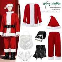 Costume de Noël pour homme adulte, cosplay Père Noël, ensemble 7 pièces, polyester, veste, pantalon, chapeau, gants, ceinture, barbe, pour fête