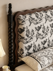 Traditional Upholstered Wooden <b>Bed</b> Frame Queen Size Fabric Headboard <b>Storage</b> <b>Bed</b> with Toile Pattern Mahogany Finish - Product Image 3