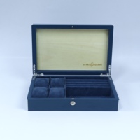 Boîte à bijoux en bois bleu marine brillant avec doublure en velours, fermeture à pression, logo personnalisé, boîte multi-compartiments pour collection de montres, bagues et bracelets