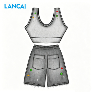 LANCAI Ensemble streetwear 2 pièces pour femme, débardeur court à strass et short cargo en jean taille haute, ensemble assorti Y2K - Product Image 3