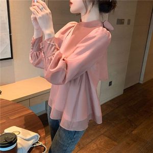 Blusa elegante Organza da donna <span class=keywords><strong>con</strong></span> maniche lunghe a lanterna e <span class=keywords><strong>fiocco</strong></span> ampio in Chiffon per la primavera/estate - Product Image 5