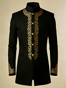 Blazer Masculino Preto com Gola Alta e Bordado Geométrico Dourado para Apresentações em Banquetes - Product Image 5