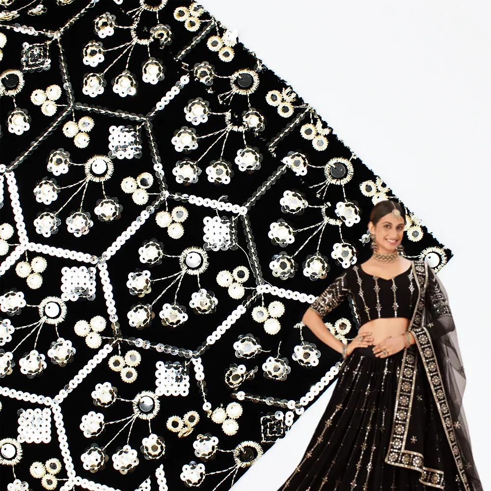 Beautiful Nylon Rayon Sequin Embroidery Fabric Ethnic Style For Bridal Lehenga