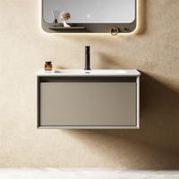 Meuble-lavabo mural flottant moderne sur mesure, tons neutres, avec miroir, étanche, rectangulaire