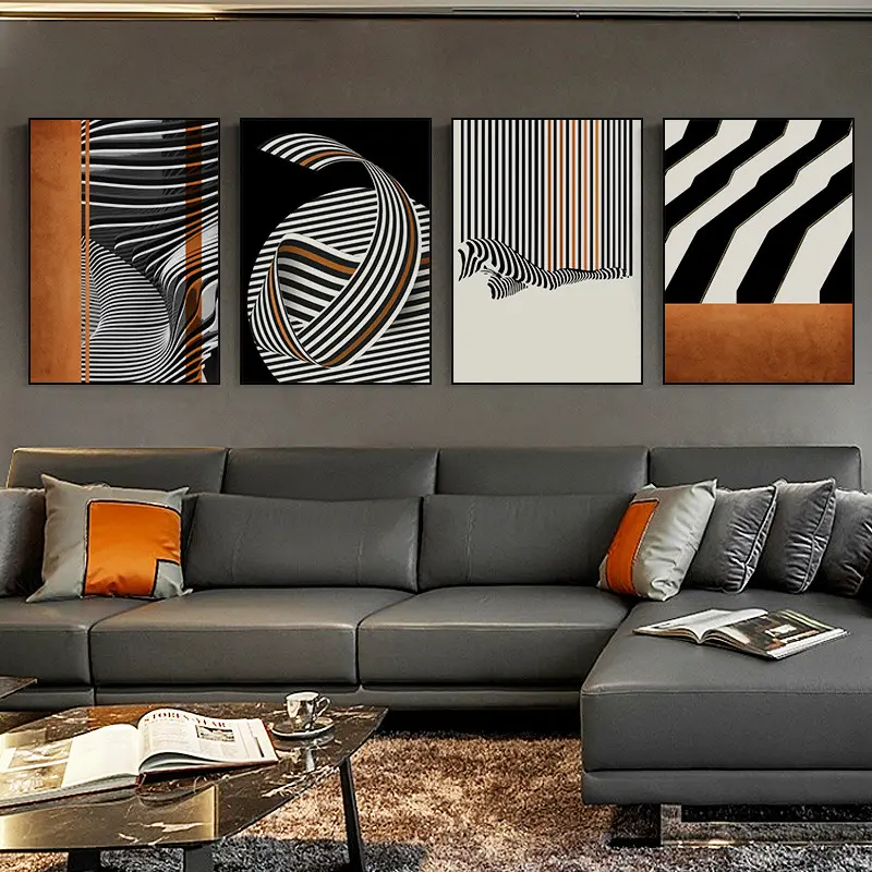 Pintura abstrata moderna na na cor preta e branca, linhas geométricas, folha de ouro, laranja, pintura decorativa, pendurada