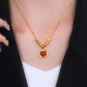 Titanium Steel Red Agate Pendant Necklace For Women Geometric Ball Shape Bezel Setting Gift Jewelry Collarbone Chain - Product Image 1