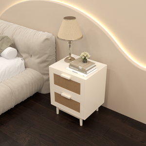 Modern <b>White</b> Natural Rattan <b>Bedside</b> Nightstand 2 Large Drawers Solid Wooden Legs Charging Station Accent End <b>Table</b> for Bedroom - Product Image 3