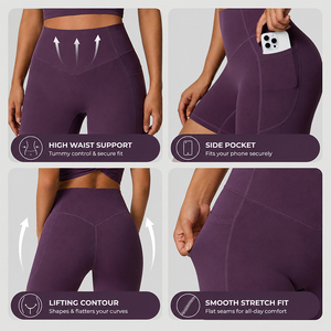 Shorts de yoga taille haute pour femme, effet ventre plat et rehaussement des fesses, anti-humidité, extensibles dans 4 directions, avec poche latérale, pour l'entraînement - Product Image 3