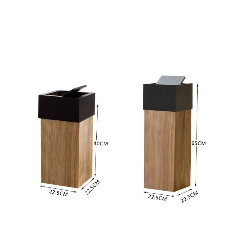 Walnut wood colored height-adjustable trash can