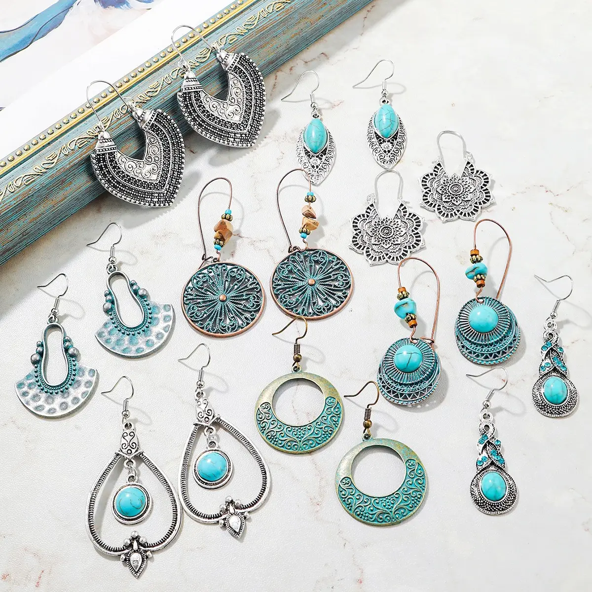 Pendientes de gota clásicos étnicos para mujer, conjunto de pendientes colgantes de diamantes de imitación turquesa, pendientes Vintage bohemios
