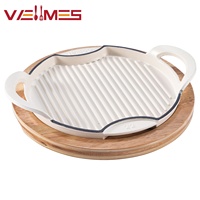 Poêle à griller ronde en fonte émaillée, double poignée, antiadhésive, avec plateau en bois pour cuisson domestique, gaz et induction