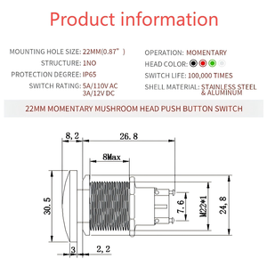 Interrupteur à bouton-poussoir momentané à tête de champignon rouge 22MM, étanche IP65, 12V 24V 36V CC 110V 250V CA 5A SPST, en métal, 1NO, combiné - Product Image 2