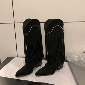 Women's <strong>Brown</strong> Fur Fringe Cowboy <strong>Boots</strong> Gold Rivets Pointed Toe Block <strong>Heel</strong> Western Style Height Increasing Knee-<strong>high</strong> Fashion <strong>Boots</strong> - Product Image 3