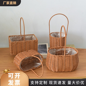 Hand-held flower <b>basket</b> made of plastic rattan, waterproof, hand-woven, suitable as a holiday gift <b>basket</b>. - Product Image 5