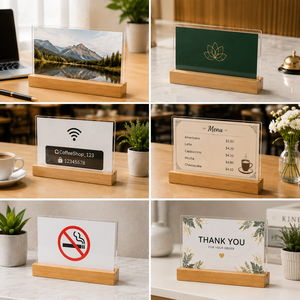 Support de table horizontal en acrylique avec base en bois massif pour affichage de menus de restaurant, étiquettes de prix et promotions (vente en gros) - Product Image 3