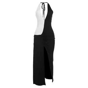 2024年春夏女性の新しいセクシーな気質ディープVネックネクタイ黒と白の対照的なスリットドレス