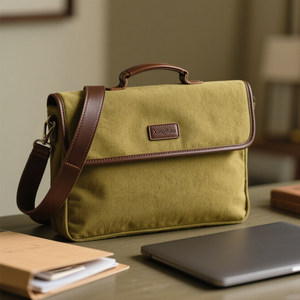 新しいデザインのグリーンキャンバス + 本革ブリーフケース高品質耐久性のある男性用キャンバスラップトップバッグカスタマイズされたロゴ付き - Product Image 4