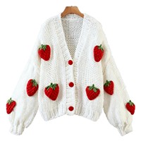 Losse damestrui met lange mouwen, streetstyle, V-hals, gebreide blouse, herfst-winter, katoenmix, verdikt garen, open cardigan