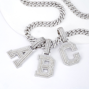 Pendentif Lettre Initiale A-Z en Argent Sterling 925, Sertie de Moissanite Taille Brillant Effet Diamant, Style Hip Hop, Personnalisable pour Homme, Vente en Gros - Product Image 1