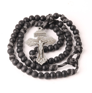 Collana <span class=keywords><strong>Rosario</strong></span> Cattolico con Crocifisso in Legno di Alta Qualità, Stile Popolare per <span class=keywords><strong>Uomo</strong></span> - Product Image 1