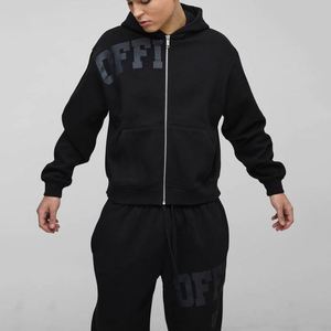 Black Tone‑on‑Tone Large Letter Print <b>Full</b> <b>Zip</b> <b>Hoodie</b> Straight‑Leg Sweatpants Men Two‑Piece Sweatsuit - Product Image 3