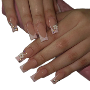 Nouveau produit tendance : Faux <span class=keywords><strong>ongles</strong></span> à presser réutilisables, forme longue carrée, motif floral 3D avec ligne dorée à la française, couvrance totale - Product Image 2