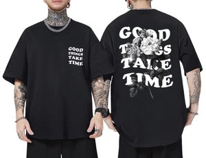 T-shirt unisexe noir en coton épais à col rond, coupe ample, imprimé double face motif floral <span class=keywords><strong>rose</strong></span> et texte graphique minimaliste, style streetwear - Product Image 1