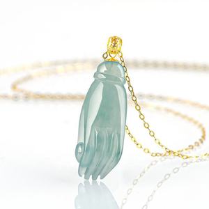 หยกธรรมชาติสีน้ำเงินหยกน้ำทะเลรูปมือกวนอิม จี้หยกประดับทอง 18K เครื่องประดับพุทธสำหรับผู้หญิง พร้อมใบรับรอง D146 - Product Image 3