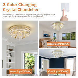 美国库存 52W 50cm 宽度 表面安装式定制水晶吊灯 三色 LED 吸顶灯，不锈钢材质 110V IP20 - Product Image 4