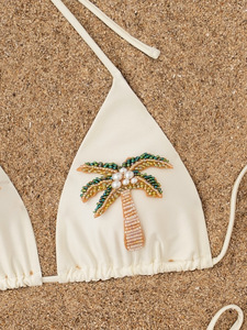 Bikini Triangular Bordado con Palmeras para Mujer al por Mayor, con Tirantes Halter y Lateral Atado, Traje de Baño Atrevido, Ropa de Playa, Logotipo Personalizado, Fabricante OEM - Product Image 3