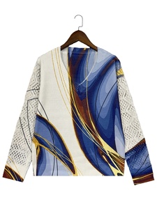 Pull en maille respirant pour femme, imprimé abstrait, col en V, manches longues, maille ajourée, 100 % polyester, style artistique, collection 2026 - Product Image 4