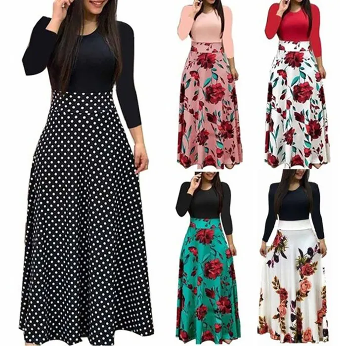 Vestidos largos elegantes de manga larga y cuello redondo para mujer, vestidos informales bohemios de punto con estampado Floral para verano