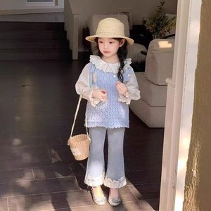 Girls Spring Outfit Blue Knit Vest White Ruffle Shirt Jeans Set Cotton Children's Clothing - Product Image 4