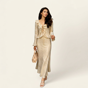 Beige Cotton-<b>Linen</b> Ruffled V-Neck Two-Piece Set | Long Sleeve Peplum <b>Top</b> Tiered Maxi Skirt Modern Breathable Natural Party Wear - Product Image 1