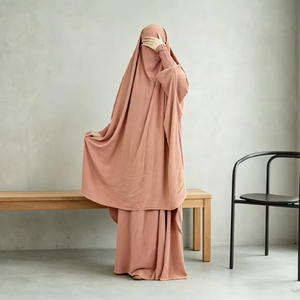 Abaya personnalisée deux pièces pour khimar superposé, couleur unie, hijab islamique, abaya en polyester, anti-plis, respirante, musulmane - Product Image 1
