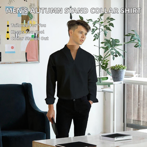 Camisa de Vestir para Hombre, Otoño, Cuello Mao, Manga Larga, Casual, Elegante, para Trabajo, Colores Sólidos, Mezcla de Algodón, Transpirable, Corte Ajustado - Product Image 2