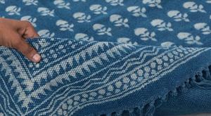 Blue White Floral <b>Block</b> Print Cotton Rug Handmade Carpet with Tassels Boho Style Floor Rug Home Decor - Product Image 1