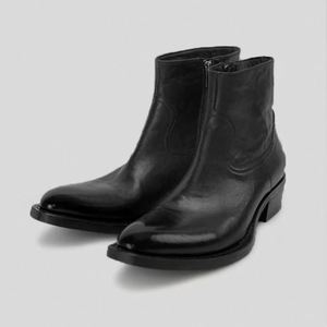 Bottines à fermeture éclair en cuir véritable noir, bout pointu, chaussures d'automne pour hommes tendance, semelle extérieure en caoutchouc, semelle intermédiaire en PU - Product Image 1