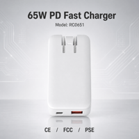 Chargeur rapide PowerEric EU Plug PD65W Gan avec PD3.0, câble rétractable pliable, 2 ports USB pour ordinateur portable