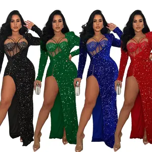 Yaz yeni varış moda seksi sequins slim fit bölünmüş uzun elbise uzun kollu zarif düz renk parti elbise kadın giyim