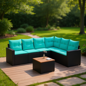 Ensemble de canapés de patio en polyrotin noir moderne avec coussins, 7 places, mobilier d'extérieur au design contemporain - Product Image 2