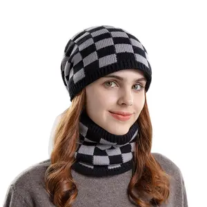 Designer Logo European and American Cross-Border Women's Knitted Woolen Hat and Scarf Suit with Velvet Dot Pattern for Warmth