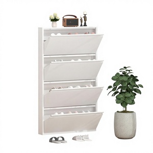 <span class=keywords><strong>Meuble</strong></span> <span class=keywords><strong>à</strong></span> chaussures en métal avec 4 tiroirs rabattables, <span class=keywords><strong>design</strong></span> mural dissimulé <span class=keywords><strong>pour</strong></span> <span class=keywords><strong>entrée</strong></span>, rangement de chaussures étroit et fin, mobilier de maison (Blanc) - Product Image 1