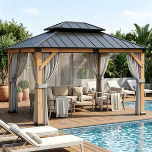 Gazebo en <span class=keywords><strong>aluminium</strong></span> à double toit imitation bois avec rideaux d'intimité, auvent extérieur résistant aux intempéries - Product Image 2