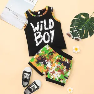アマゾン卸売夏のファッションデザイン男の子服セット男の子のベストスリーブトップとパンツツーピース子供用スーツ