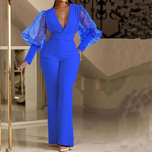 <span class=keywords><strong>Combinaison</strong></span> Femme Scintillante <span class=keywords><strong>à</strong></span> Dentelle et Patchwork, Taille Haute, Col en V, Jambes Larges, Automne Printemps, Coupe Slim Brillante - Product Image 3