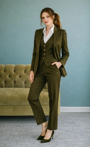 Conjunto de Traje Verde Oliva para Mujer, 3 Piezas, con Chaleco y Blazer, Traje Elegante para Negocios, Ropa Formal de Oficina Sofisticada, Corte Entallado - Product Image 4