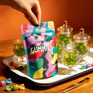 Sachet Doypack Personnalisé Imprimé en Héliogravure de Qualité Alimentaire avec Fermeture Zip Refermable pour Emballage de Vente au Détail de Bonbons Gélifiés, Confiseries et Snacks - Product Image 1