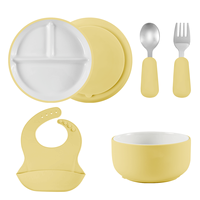 Assiette, bol, fourchette, cuillère et bavoir en silicone pour enfants, très vendus à l'international, design simple, résistant aux chutes, pour l'alimentation